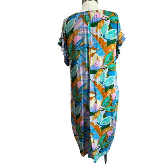 UMGEE Multicolored Leaf Print 100% Rayon V Neck Short Sleeve Dress Size M - Picture 3 of 8